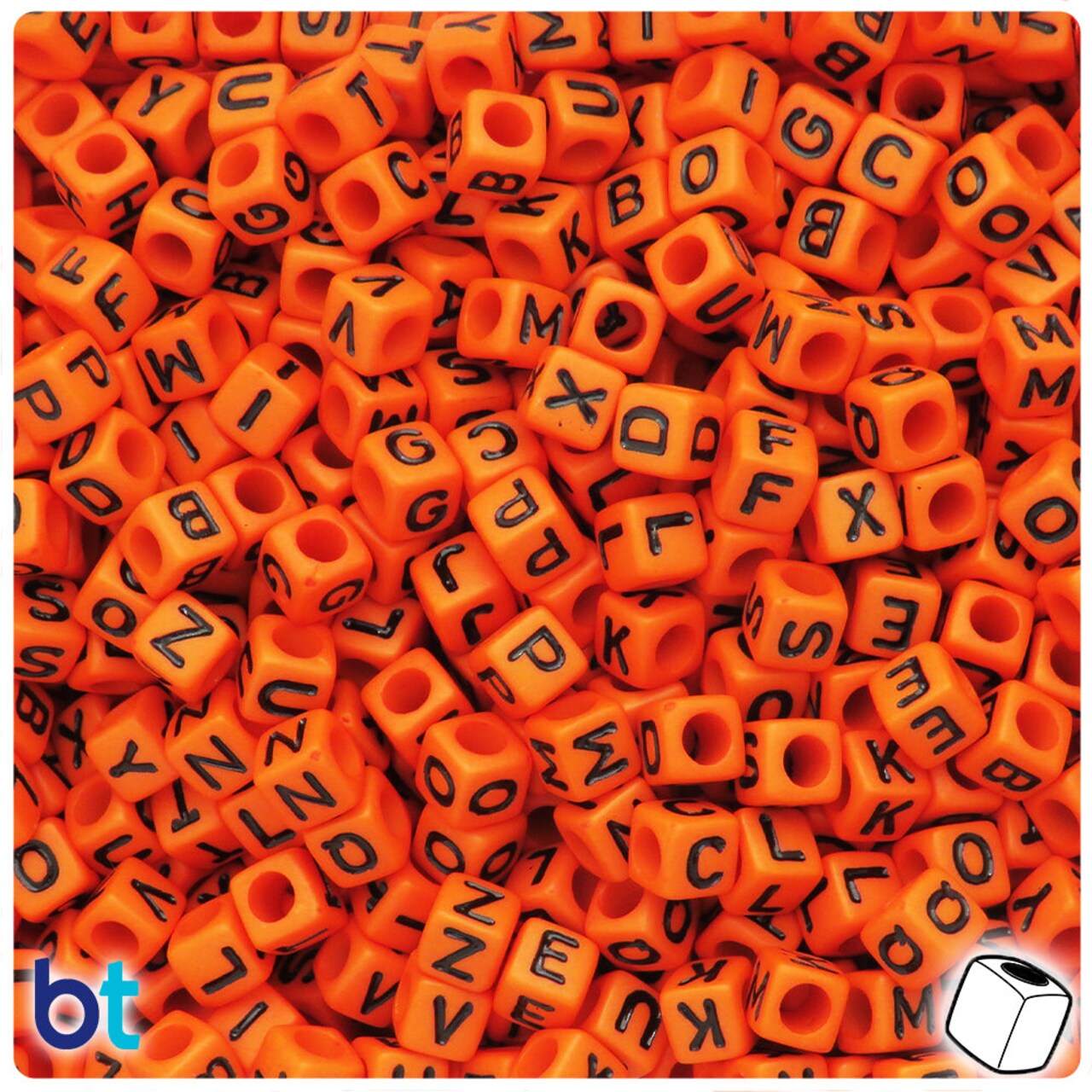 BeadTin Orange Opaque 6mm Cube Plastic Alpha Beads - Black Letter Mix (200pcs)